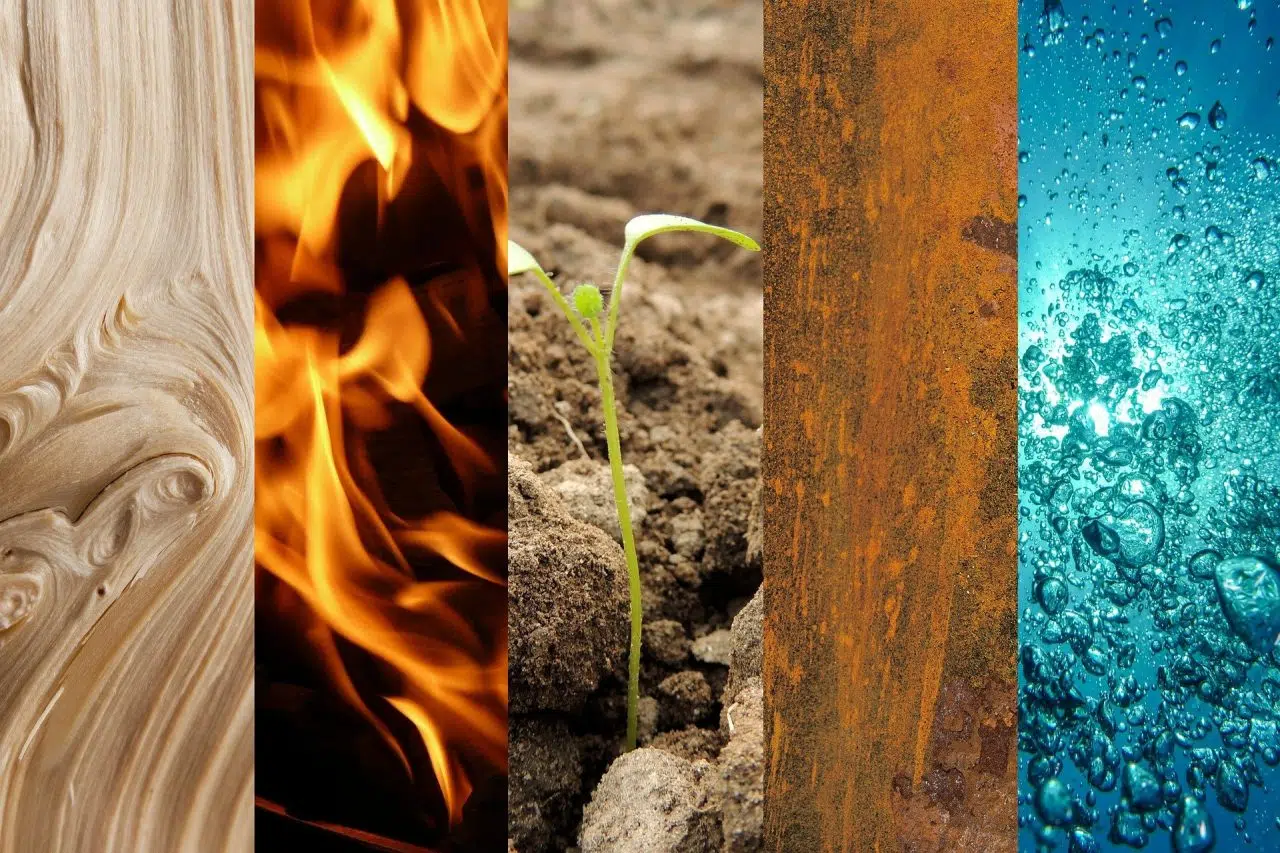 Cinco elementos: fuego, agua, madera, metal y tierra. 