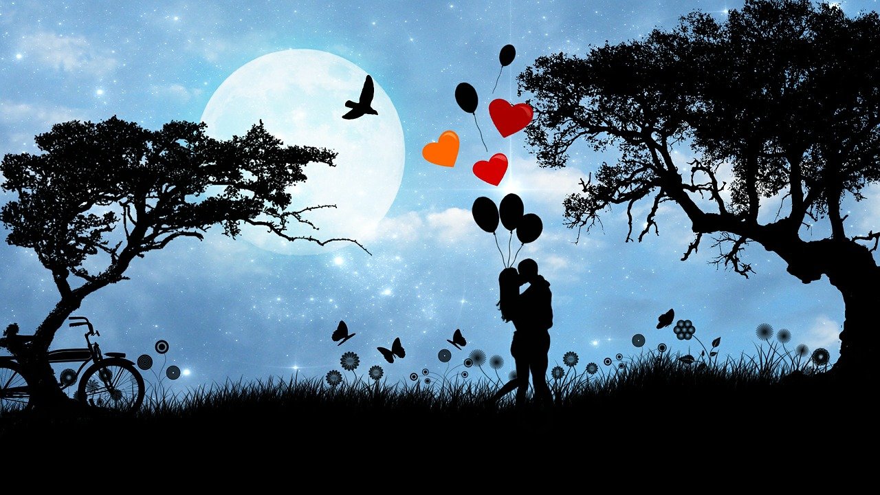 Tema, amor, romántico, pareja, globos, noche. 